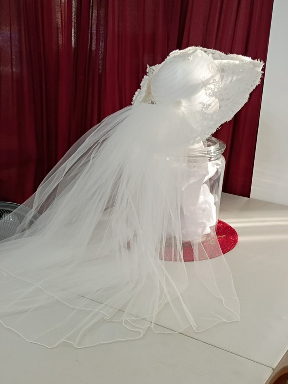 Vintage White Bridal Veil with Lace-Trimmed Hat
